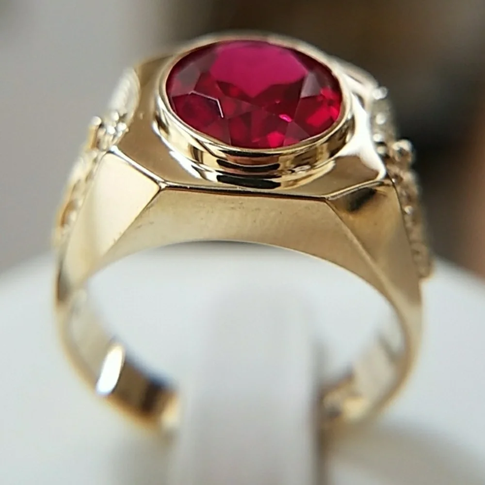 15mm 14k Yellow Gold Men's nugget Religious Ruby Guadalupe Ring